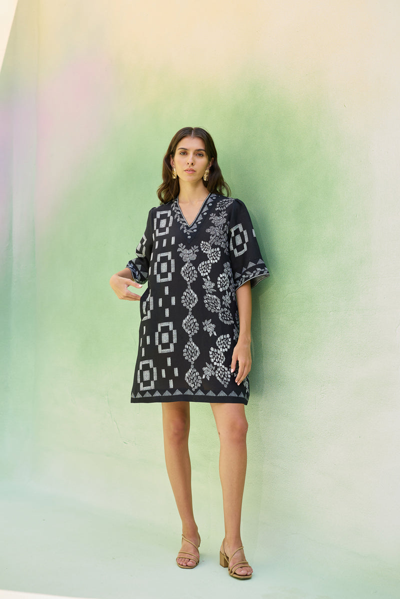 Black Floral Ikat Mini Shift Dress linen dress by World of SiSa in black for women Worldwide