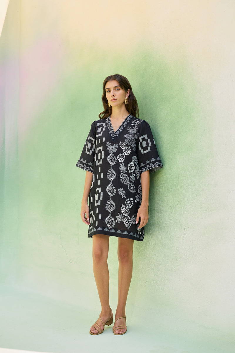Black Floral Ikat Mini Shift Dress linen dress by World of SiSa in black for women Worldwide