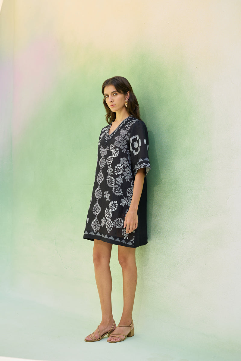 Black Floral Ikat Mini Shift Dress linen dress by World of SiSa in black for women Worldwide