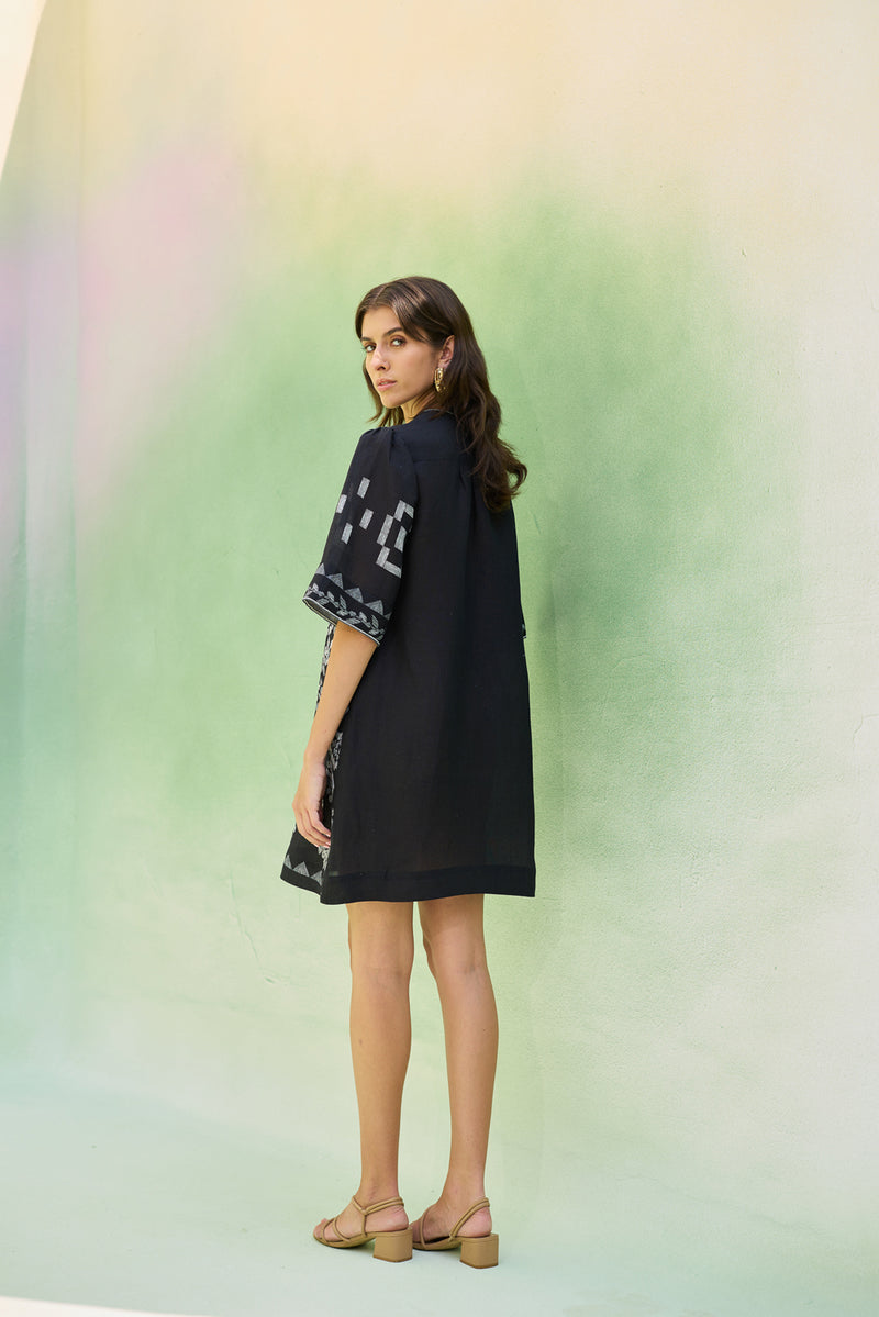 Black Floral Ikat Mini Shift Dress linen dress by World of SiSa in black for women Worldwide