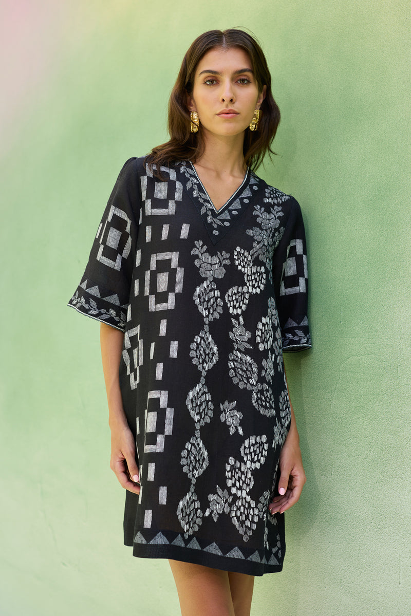 Black Floral Ikat Mini Shift Dress linen dress by World of SiSa in black for women Worldwide