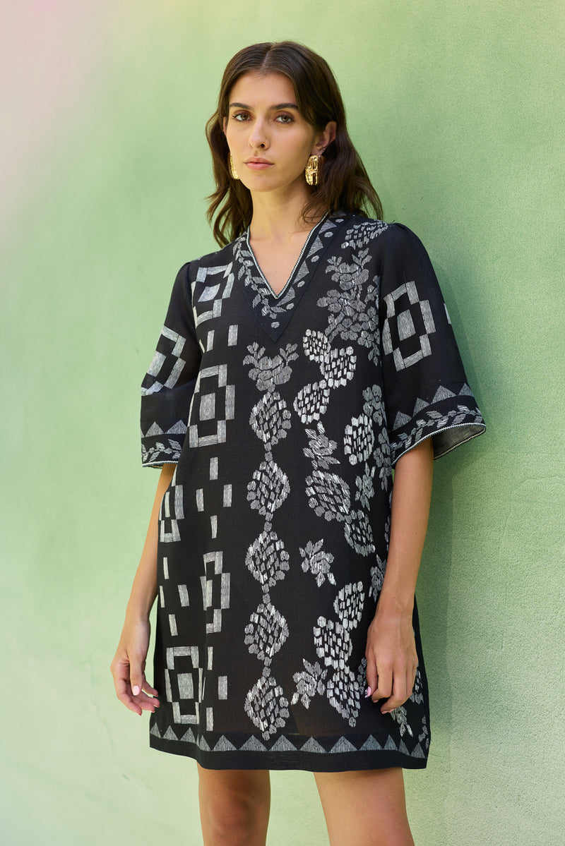 Black Floral Ikat Mini Shift Dress linen dress by World of SiSa in black for women Worldwide