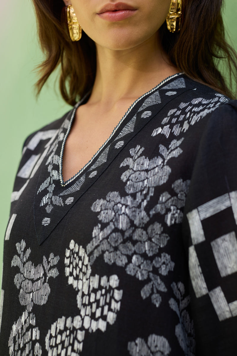 Black Floral Ikat Mini Shift Dress linen dress by World of SiSa in black for women Worldwide
