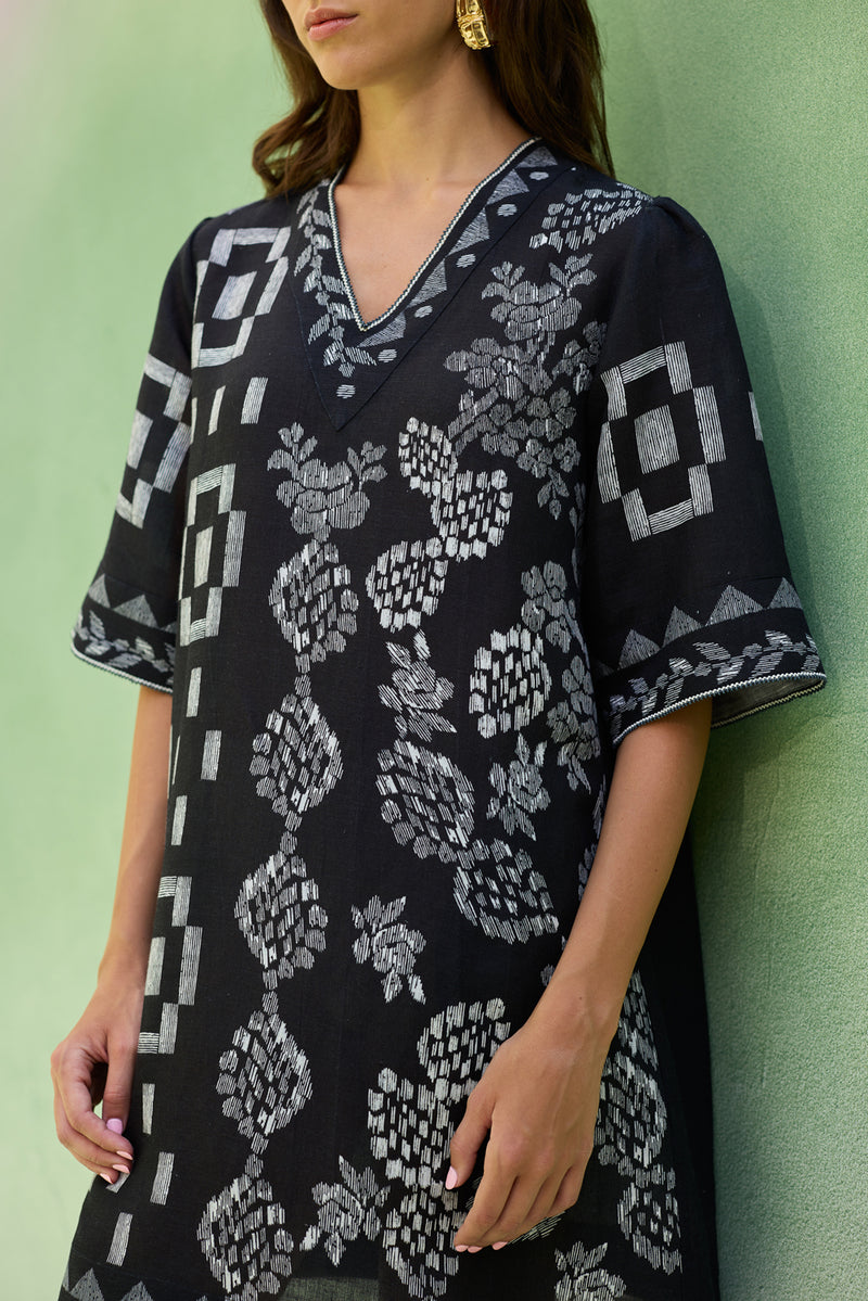 Black Floral Ikat Mini Shift Dress linen dress by World of SiSa in black for women Worldwide