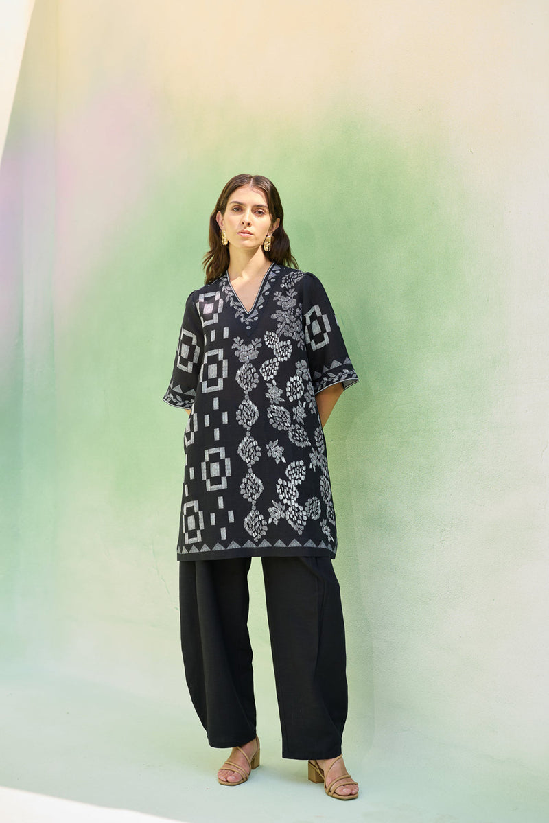 Black Floral Ikat Co-ord Set linen co-ord set by World of SiSa in black for women Worldwide
