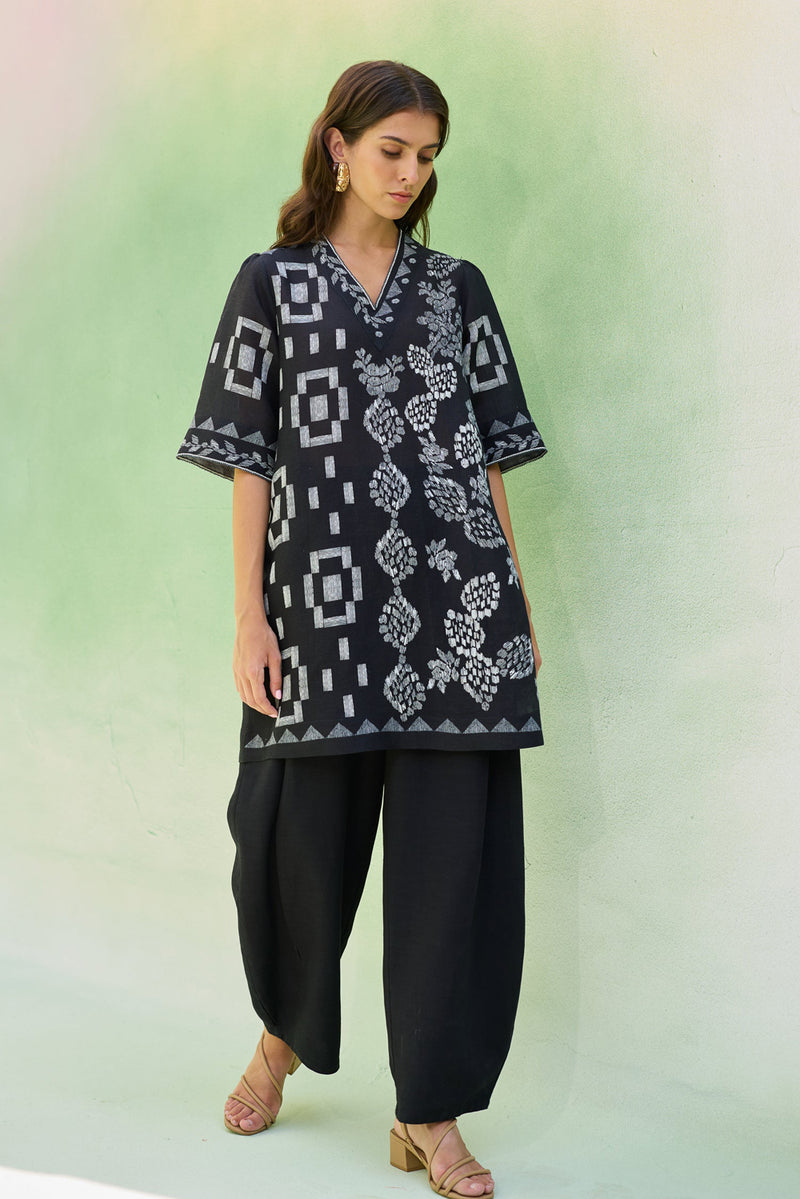 Black Floral Ikat Co-ord Set linen co-ord set by World of SiSa in black for women Worldwide