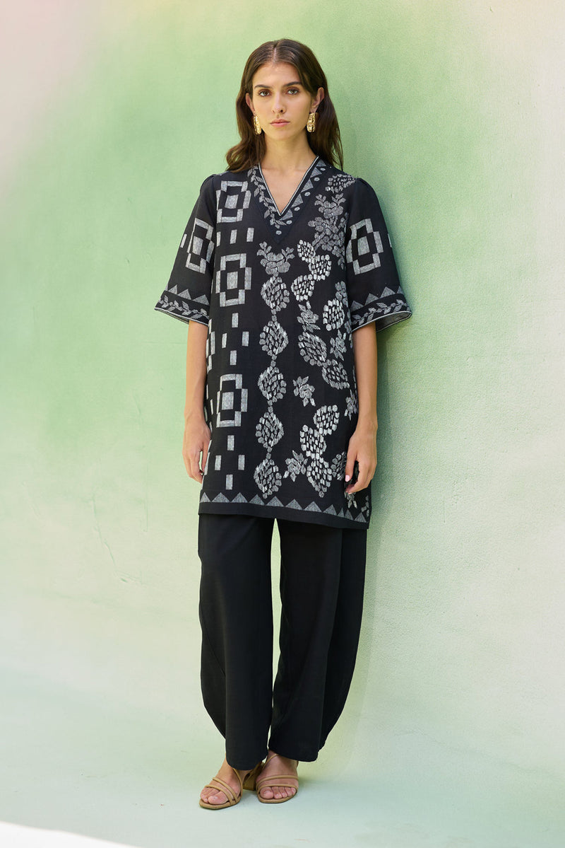 Black Floral Ikat Co-ord Set linen co-ord set by World of SiSa in black for women Worldwide