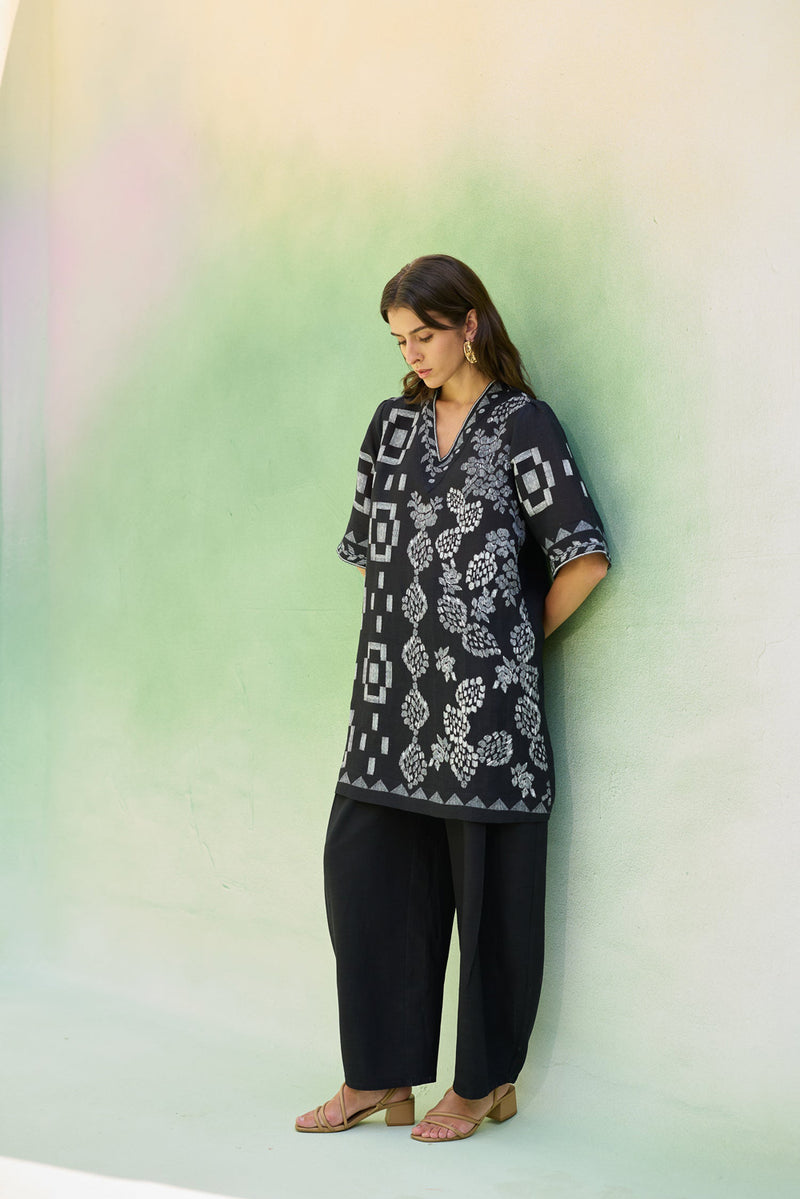 Black Floral Ikat Co-ord Set linen co-ord set by World of SiSa in black for women Worldwide