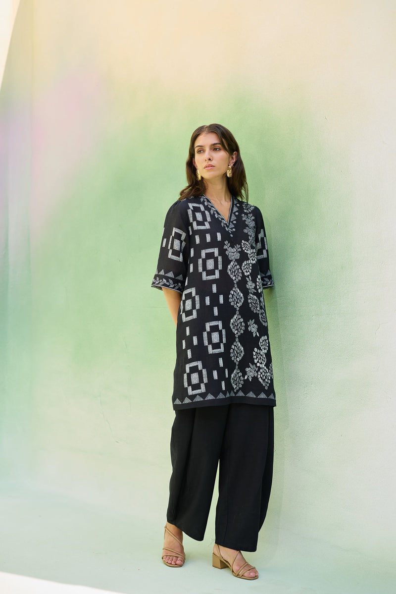 Black Floral Ikat Co-ord Set linen co-ord set by World of SiSa in black for women Worldwide