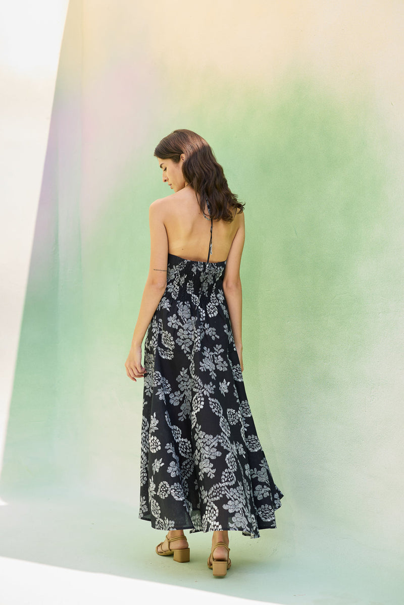 Black Floral Ikat Halter Neck Maxi Dress linen dress by World of SiSa in black for women Worldwide