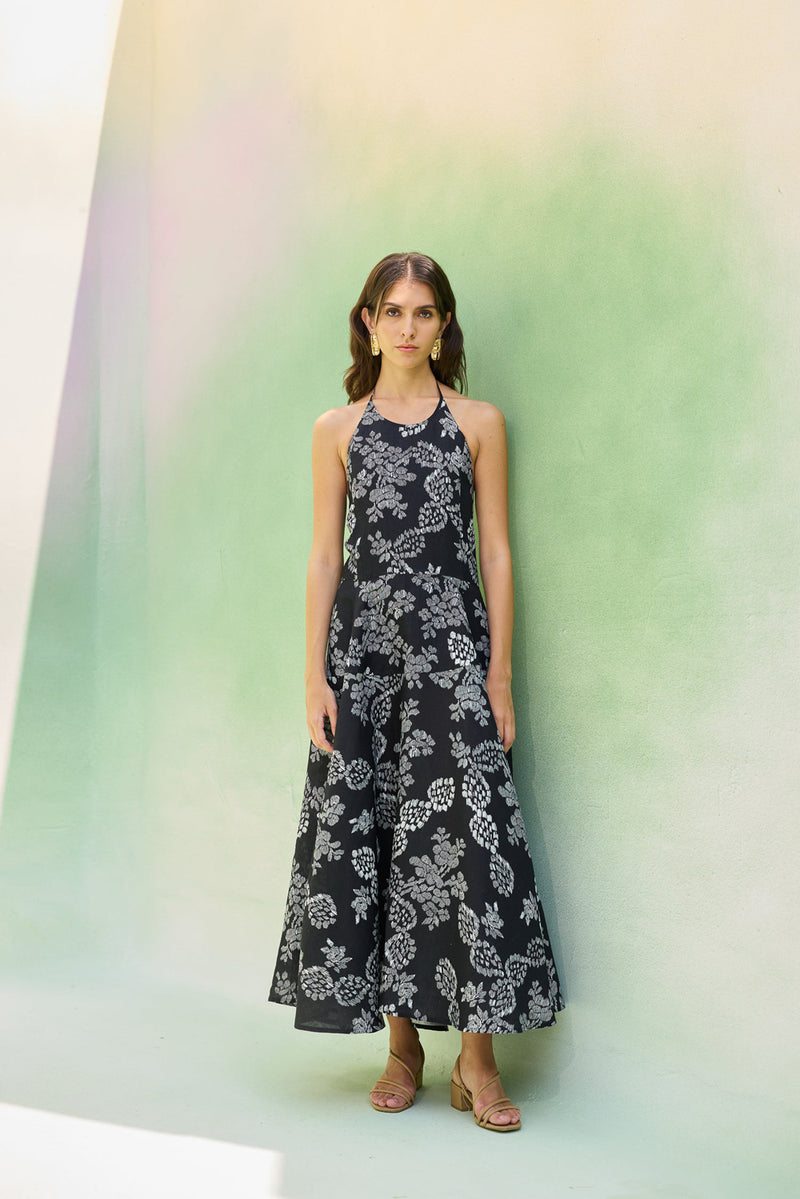 Black Floral Ikat Halter Neck Maxi Dress linen dress by World of SiSa in black for women Worldwide