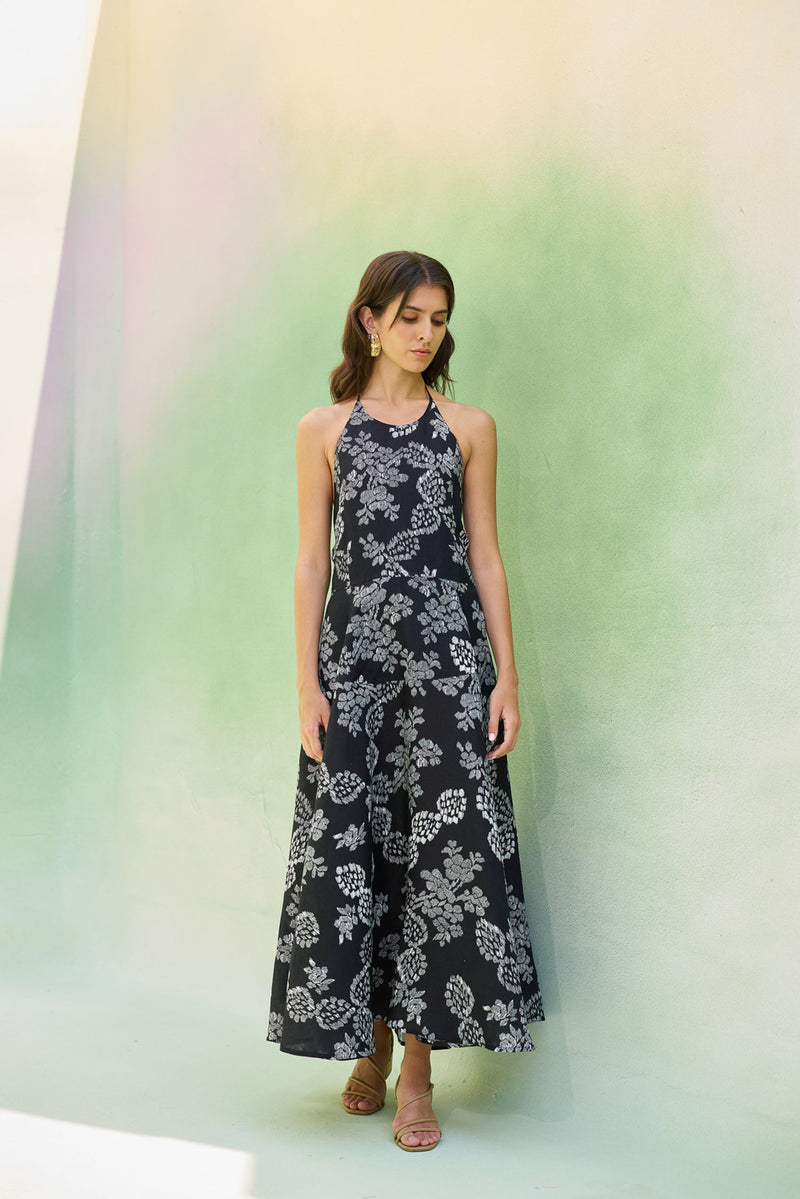 Black Floral Ikat Halter Neck Maxi Dress linen dress by World of SiSa in black for women Worldwide