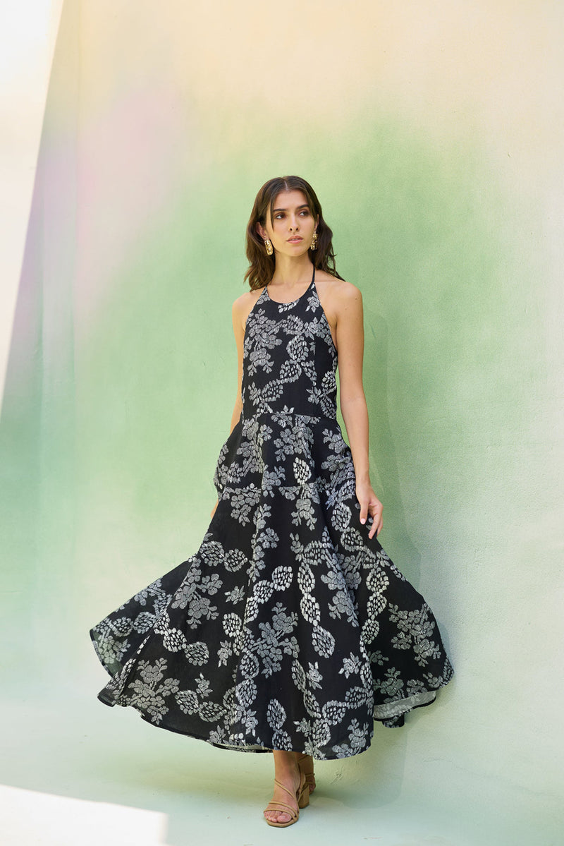 Black Floral Ikat Halter Neck Maxi Dress linen dress by World of SiSa in black for women Worldwide