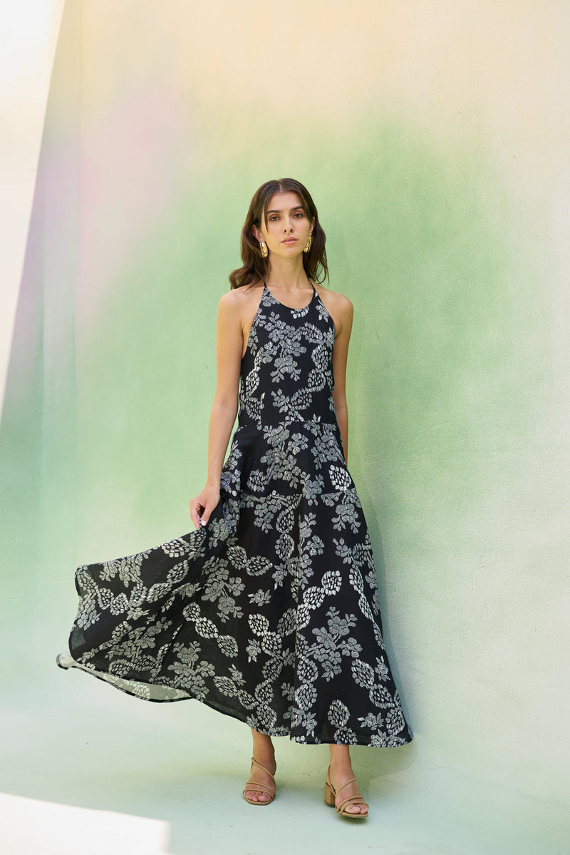 Black Floral Ikat Halter Neck Maxi Dress linen dress by World of SiSa in black for women Worldwide