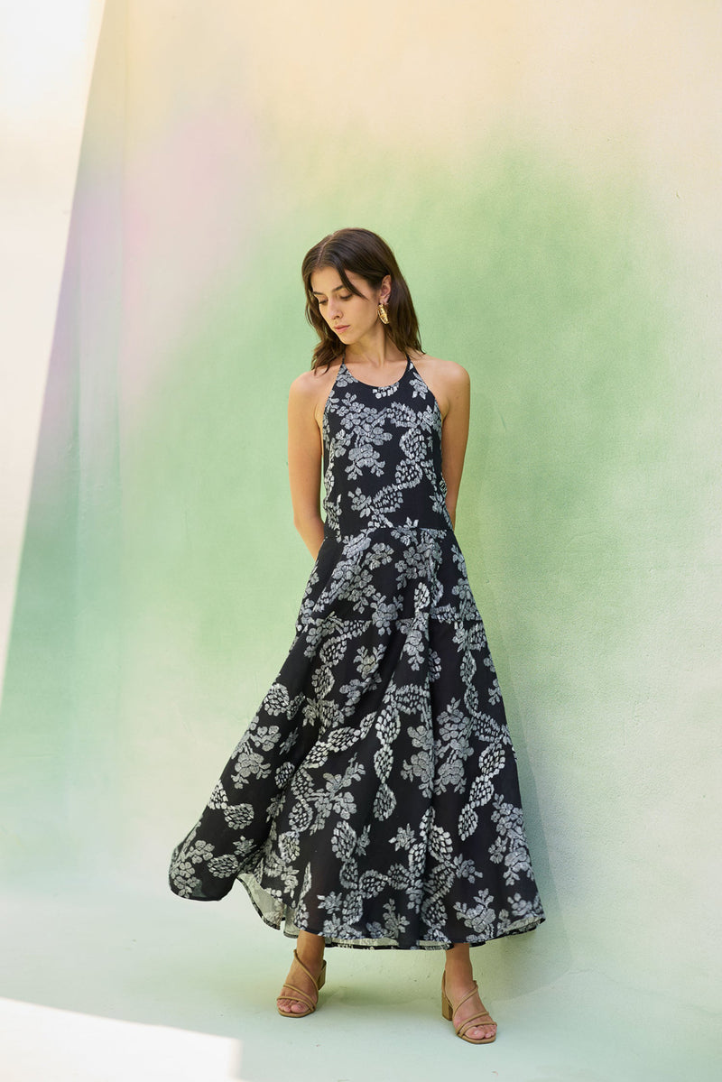 Black Floral Ikat Halter Neck Maxi Dress linen dress by World of SiSa in black for women Worldwide