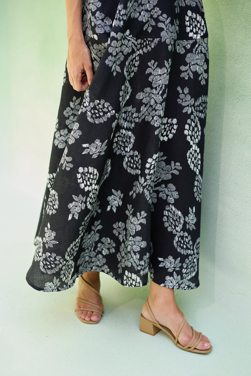 Black Floral Ikat Halter Neck Maxi Dress linen dress by World of SiSa in black for women Worldwide