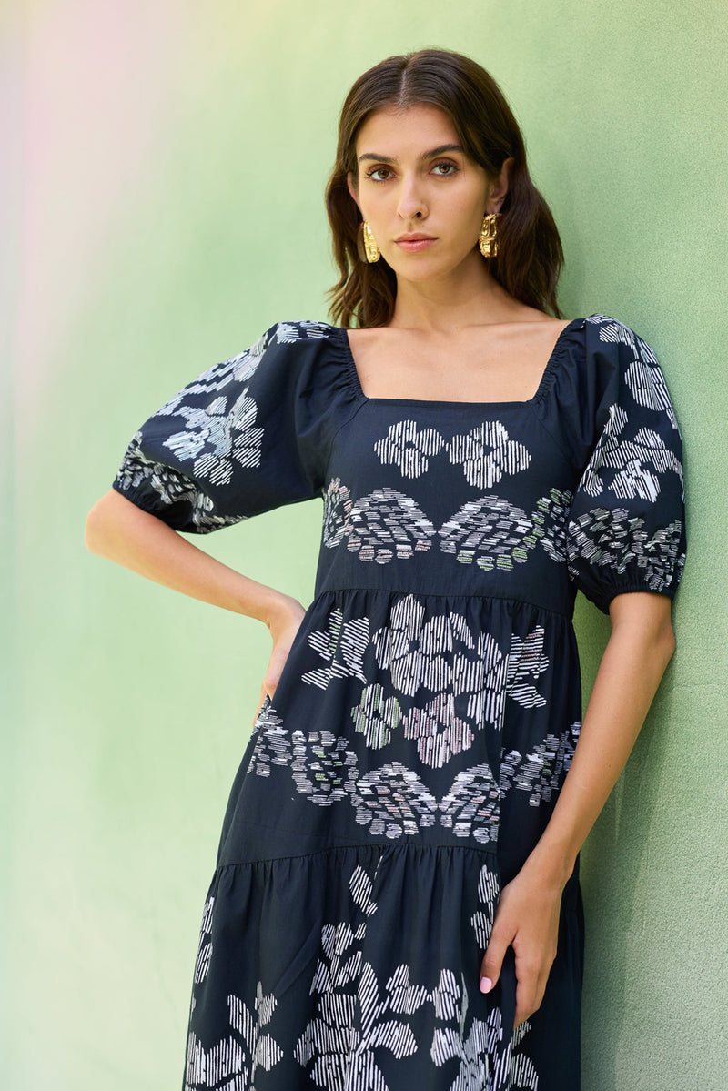 Black Floral Ikat Smocked Maxi Dress cotton dress by World of SiSa in black for women Worldwide