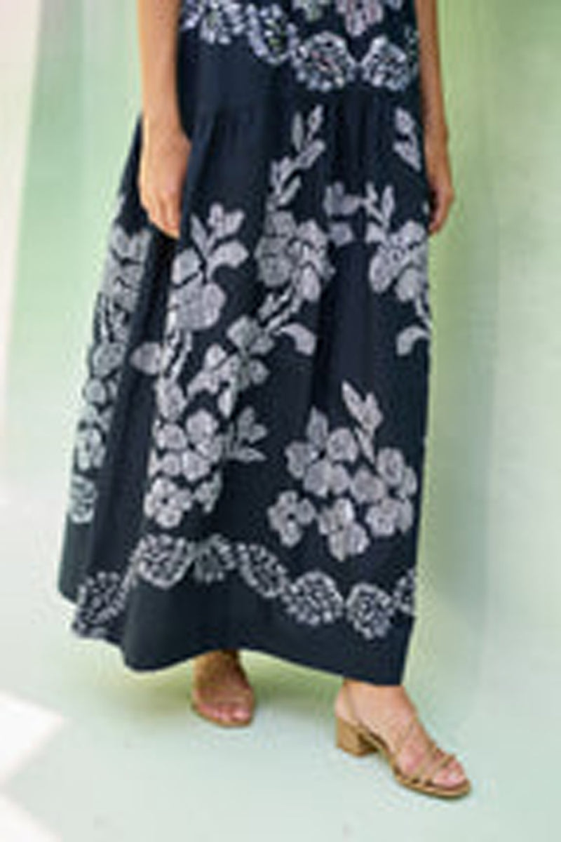 Black Floral Ikat Smocked Maxi Dress cotton dress by World of SiSa in black for women Worldwide