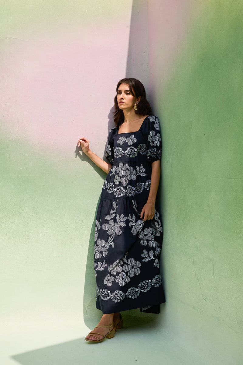Black Floral Ikat Smocked Maxi Dress cotton dress by World of SiSa in black for women Worldwide