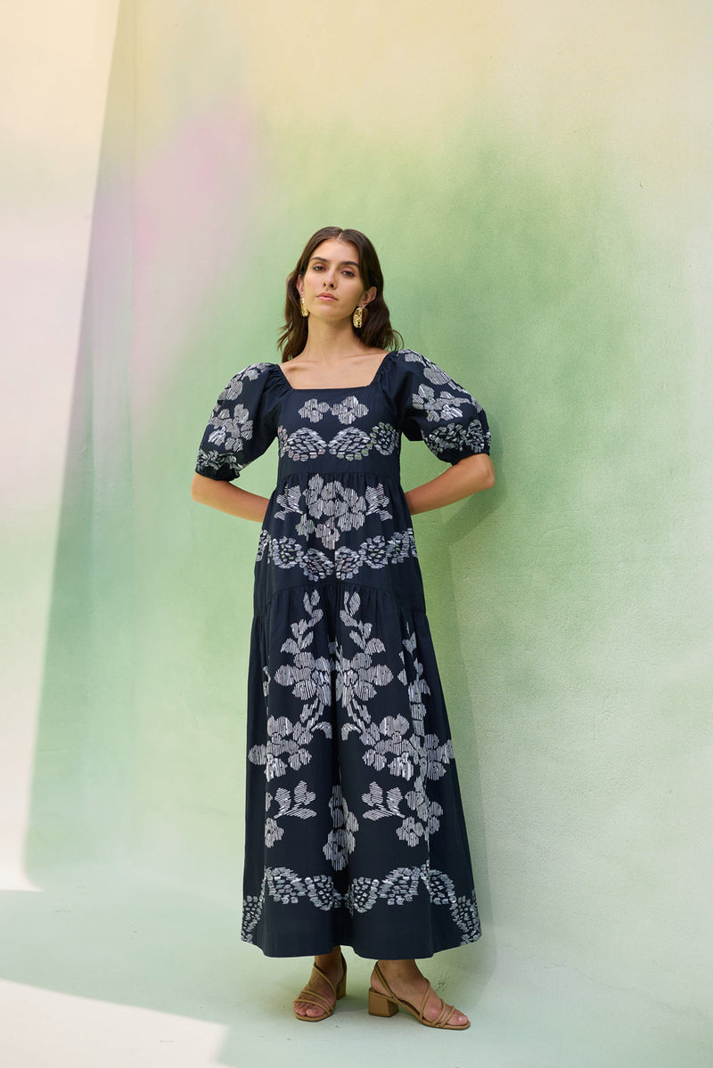 Black Floral Ikat Smocked Maxi Dress cotton dress by World of SiSa in black for women Worldwide
