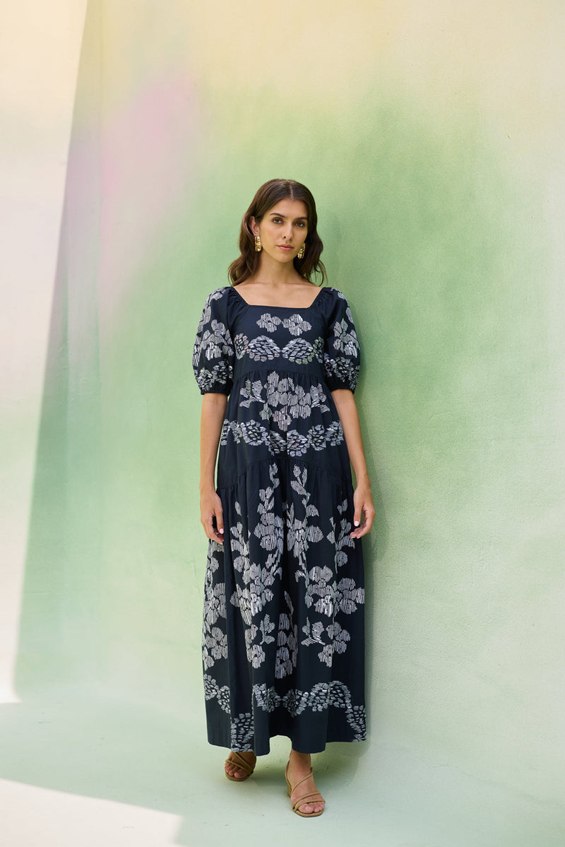 Black Floral Ikat Smocked Maxi Dress cotton dress by World of SiSa in black for women Worldwide