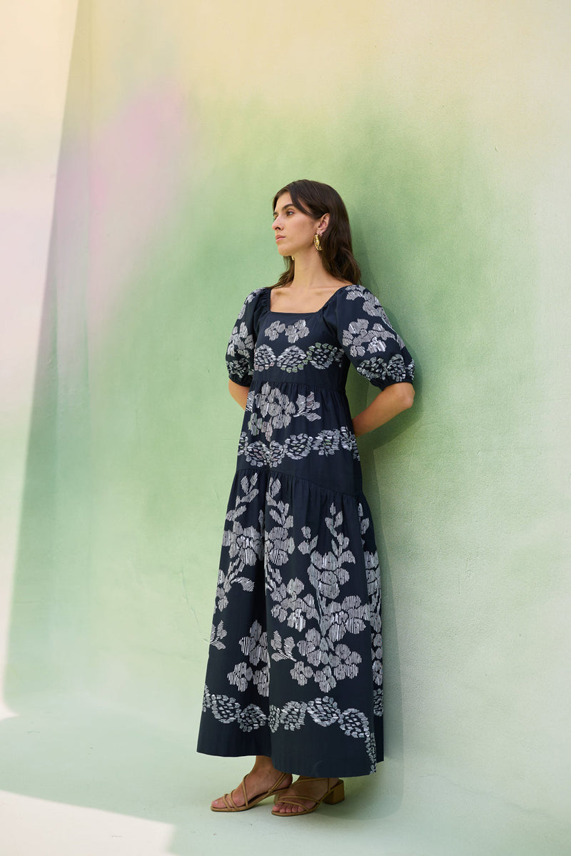 Black Floral Ikat Smocked Maxi Dress cotton dress by World of SiSa in black for women Worldwide