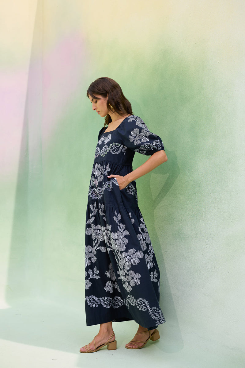 Black Floral Ikat Smocked Maxi Dress cotton dress by World of SiSa in black for women Worldwide
