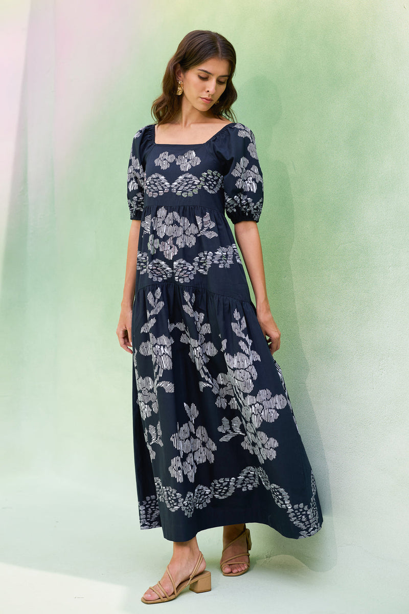 Black Floral Ikat Smocked Maxi Dress cotton dress by World of SiSa in black for women Worldwide