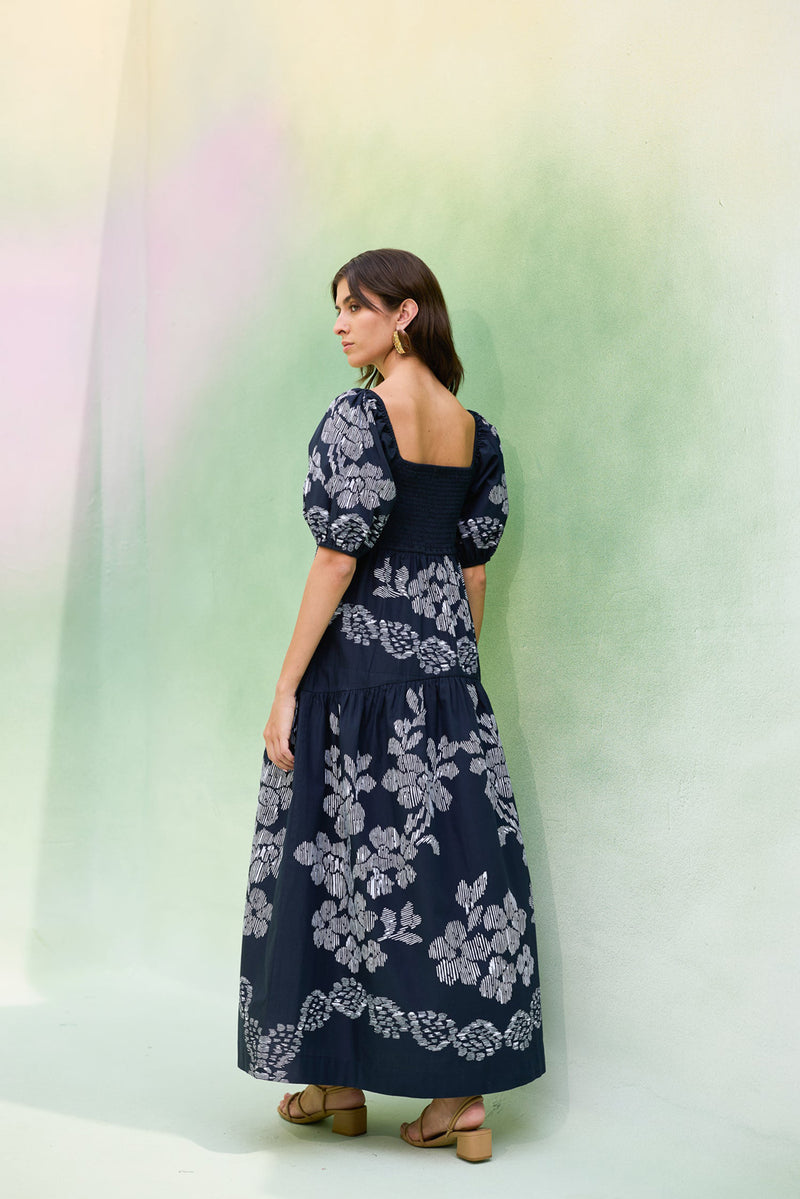 Black Floral Ikat Smocked Maxi Dress cotton dress by World of SiSa in black for women Worldwide