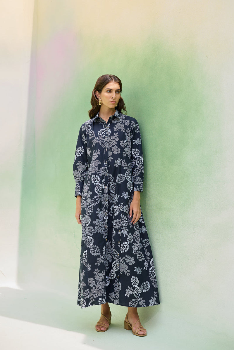 Black Floral Ikat Collared Shirt Dress cotton dress by World of SiSa in black for women Worldwide