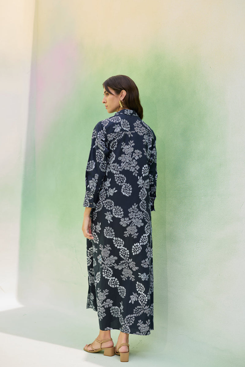 Black Floral Ikat Collared Shirt Dress cotton dress by World of SiSa in black for women Worldwide