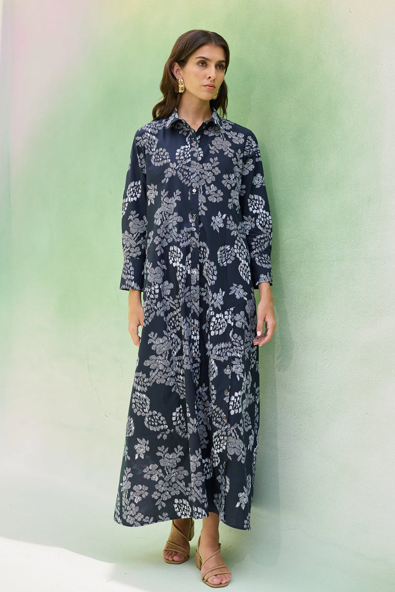 Black Floral Ikat Collared Shirt Dress cotton dress by World of SiSa in black for women Worldwide