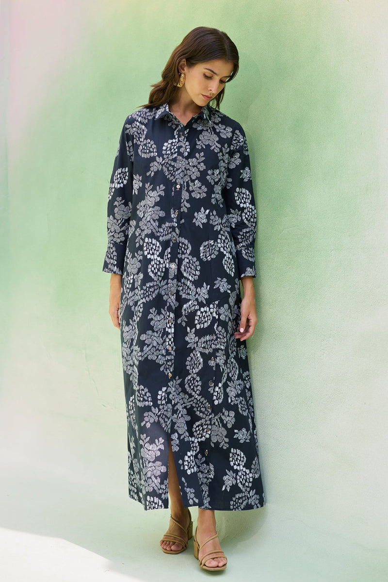 Black Floral Ikat Collared Shirt Dress cotton dress by World of SiSa in black for women Worldwide