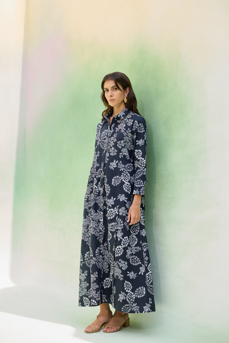 Black Floral Ikat Collared Shirt Dress cotton dress by World of SiSa in black for women Worldwide
