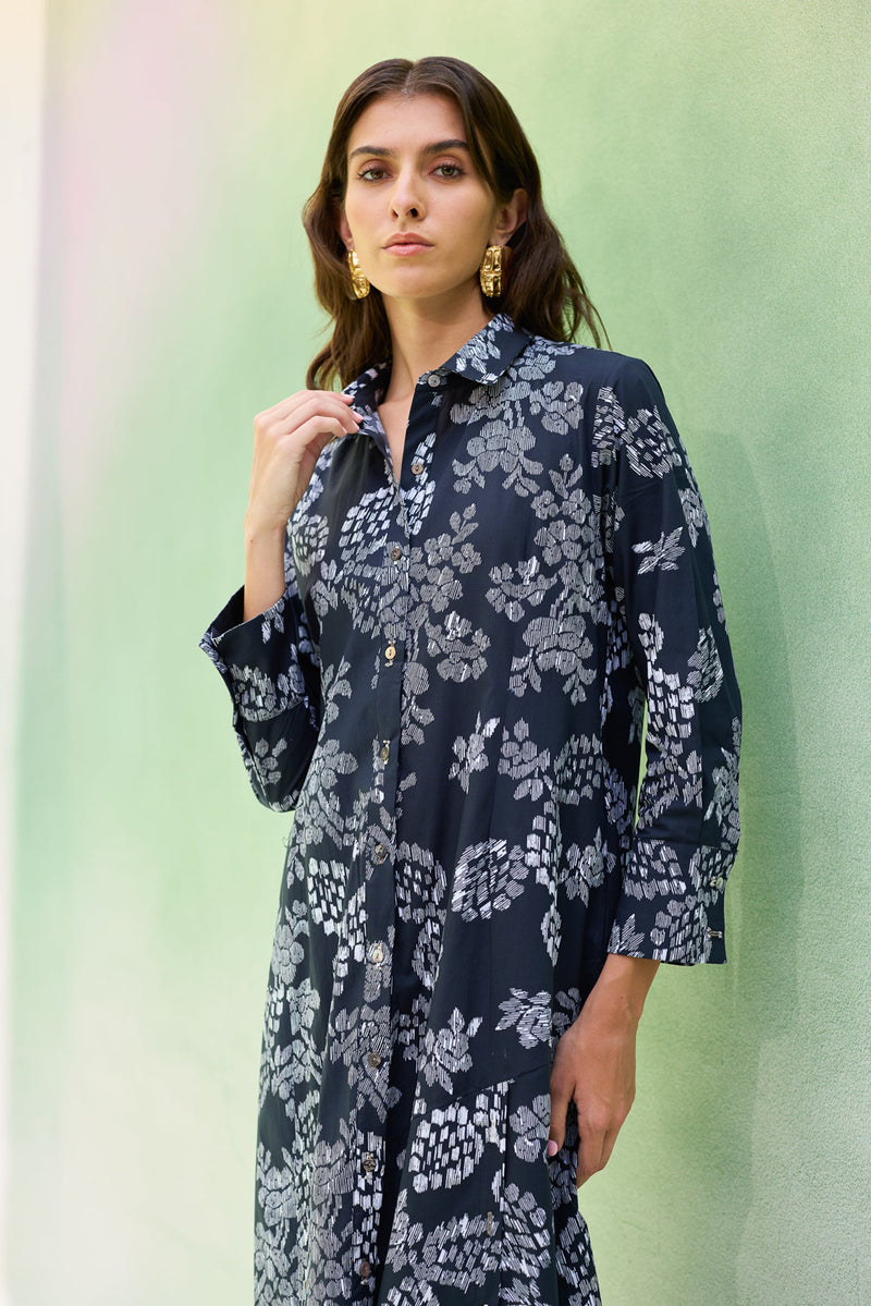 Black Floral Ikat Collared Shirt Dress cotton dress by World of SiSa in black for women Worldwide