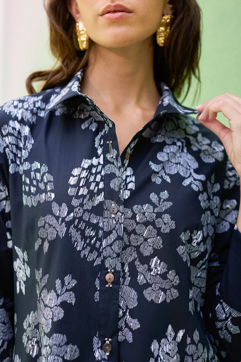 Black Floral Ikat Collared Shirt Dress cotton dress by World of SiSa in black for women Worldwide