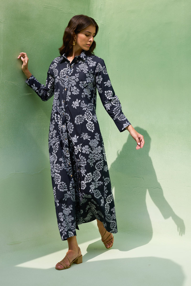 Black Floral Ikat Collared Shirt Dress cotton dress by World of SiSa in black for women Worldwide