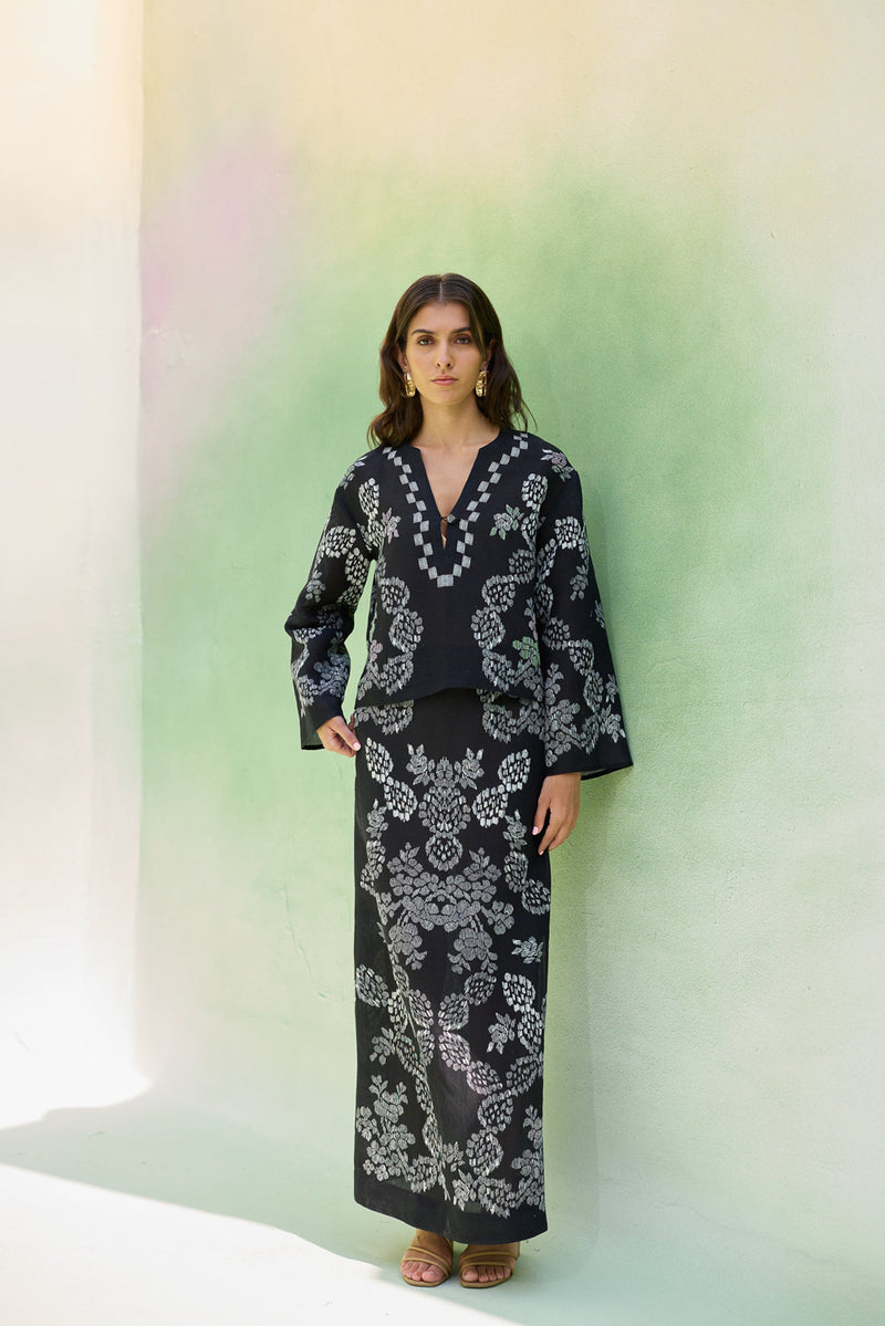 Black Ikat Floral Top and Skirt Set linen co-ord set by World of SiSa in black for women Worldwide