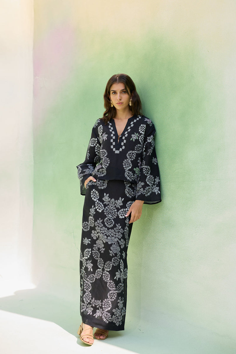 Black Ikat Floral Top and Skirt Set linen co-ord set by World of SiSa in black for women Worldwide