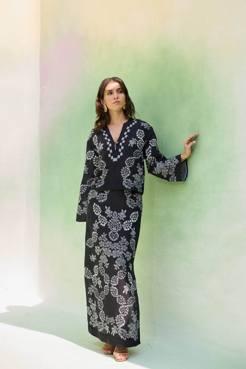 Black Ikat Floral Top and Skirt Set linen co-ord set by World of SiSa in black for women Worldwide