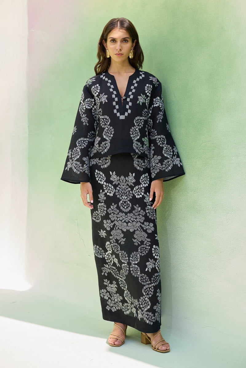 Black Ikat Floral Top and Skirt Set linen co-ord set by World of SiSa in black for women Worldwide