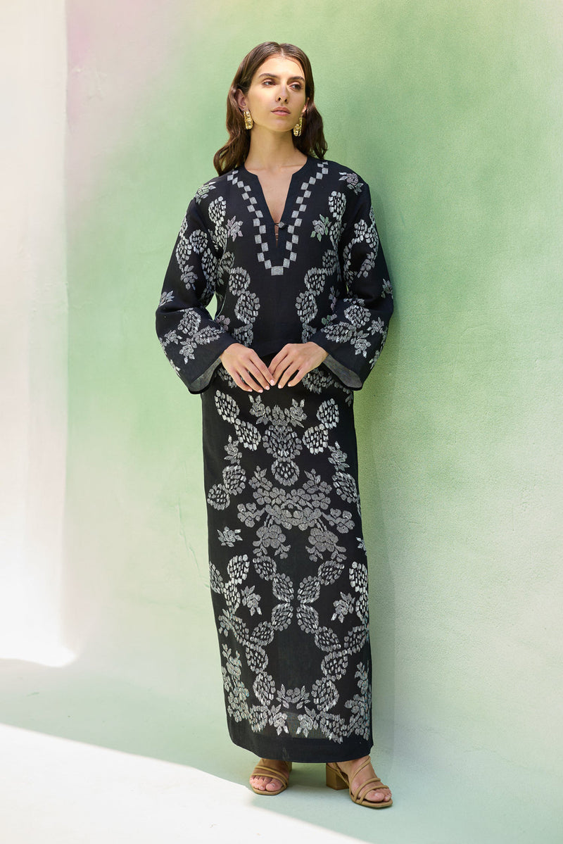 Black Ikat Floral Top and Skirt Set linen co-ord set by World of SiSa in black for women Worldwide