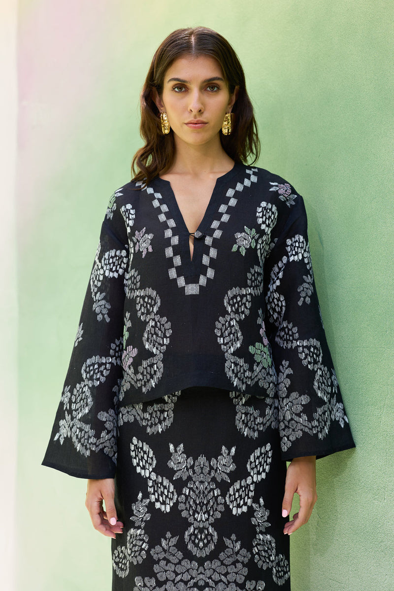 Black Ikat Floral Top and Skirt Set linen co-ord set by World of SiSa in black for women Worldwide