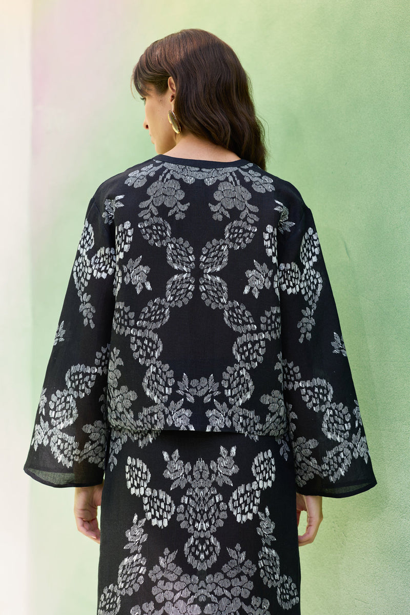 Black Ikat Floral Top and Skirt Set linen co-ord set by World of SiSa in black for women Worldwide