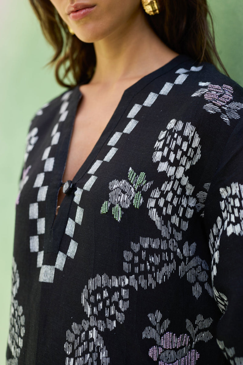 Black Ikat Floral Top and Skirt Set linen co-ord set by World of SiSa in black for women Worldwide