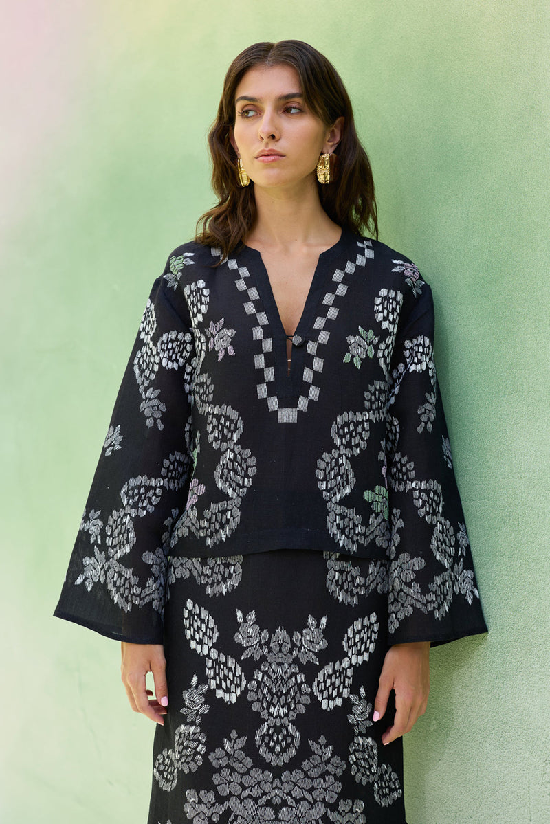 Black Ikat Floral Top and Skirt Set linen co-ord set by World of SiSa in black for women Worldwide