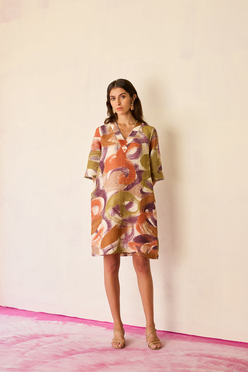 Brushstroke Mini Shift Dress linen dress by World of SiSa in multi-color for women Worldwide