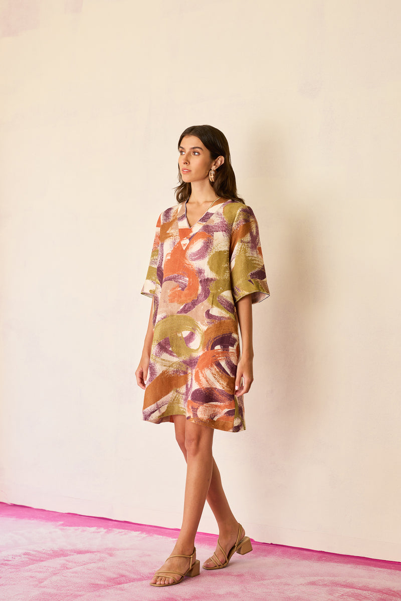 Brushstroke Mini Shift Dress linen dress by World of SiSa in multi-color for women Worldwide