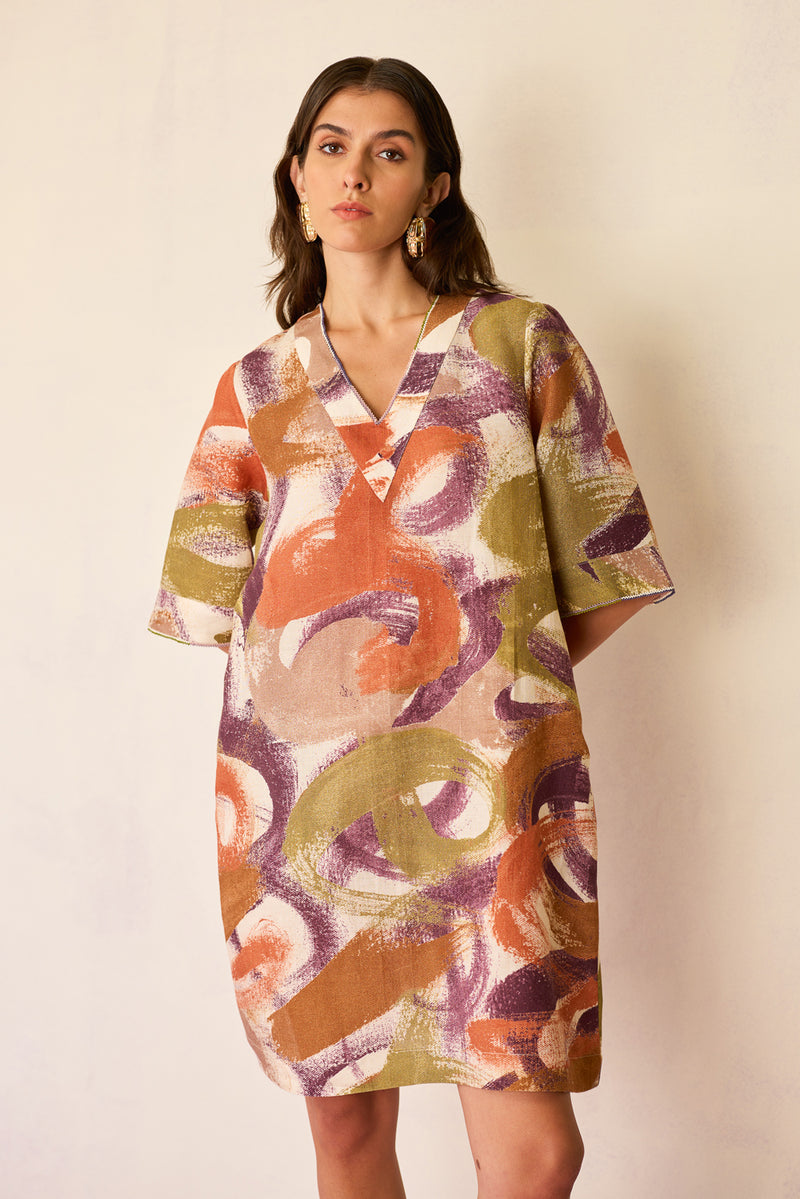 Brushstroke Mini Shift Dress linen dress by World of SiSa in multi-color for women Worldwide