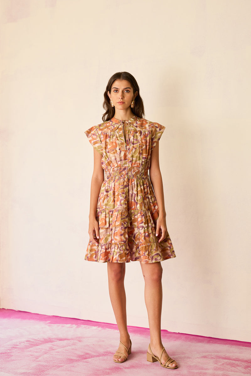Brushstroke Gathered Mini Dress cotton dress by World of SiSa in multi-color for women Worldwide